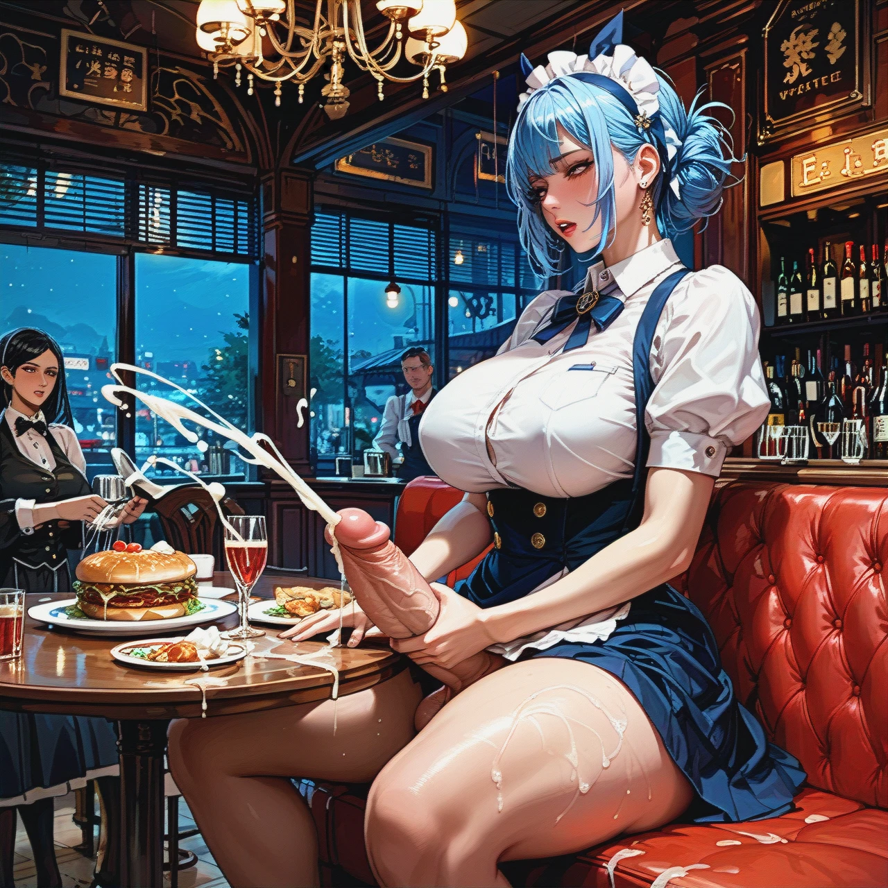 1girl, (futanari), (futanari_masturbation), waiter, restaurant, on the table, huge dick, cum, cumming, night, closed, thick legs, big breasts