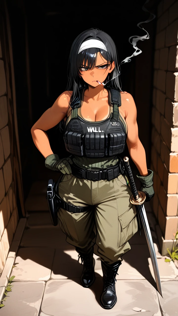 Well trained, tan skin, straight black hair, smoking cigarette, olivegreen tank top, armored vest, military gloves, holstered sword on hip, sweater around hip, military pants and boots, headband, (annoyed)