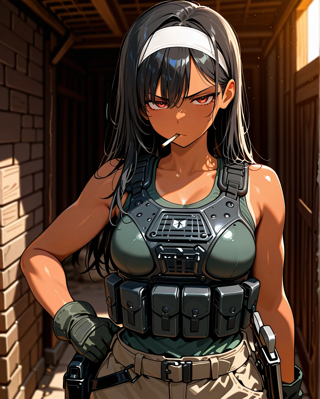 Well trained, tan skin, medium breasts, straight black hair, lighting a cigarette, olivegreen tank top, armored vest, military gloves, holstered sword on hip, sweater around hip, military pants, headband, (annoyed), (upper_body)