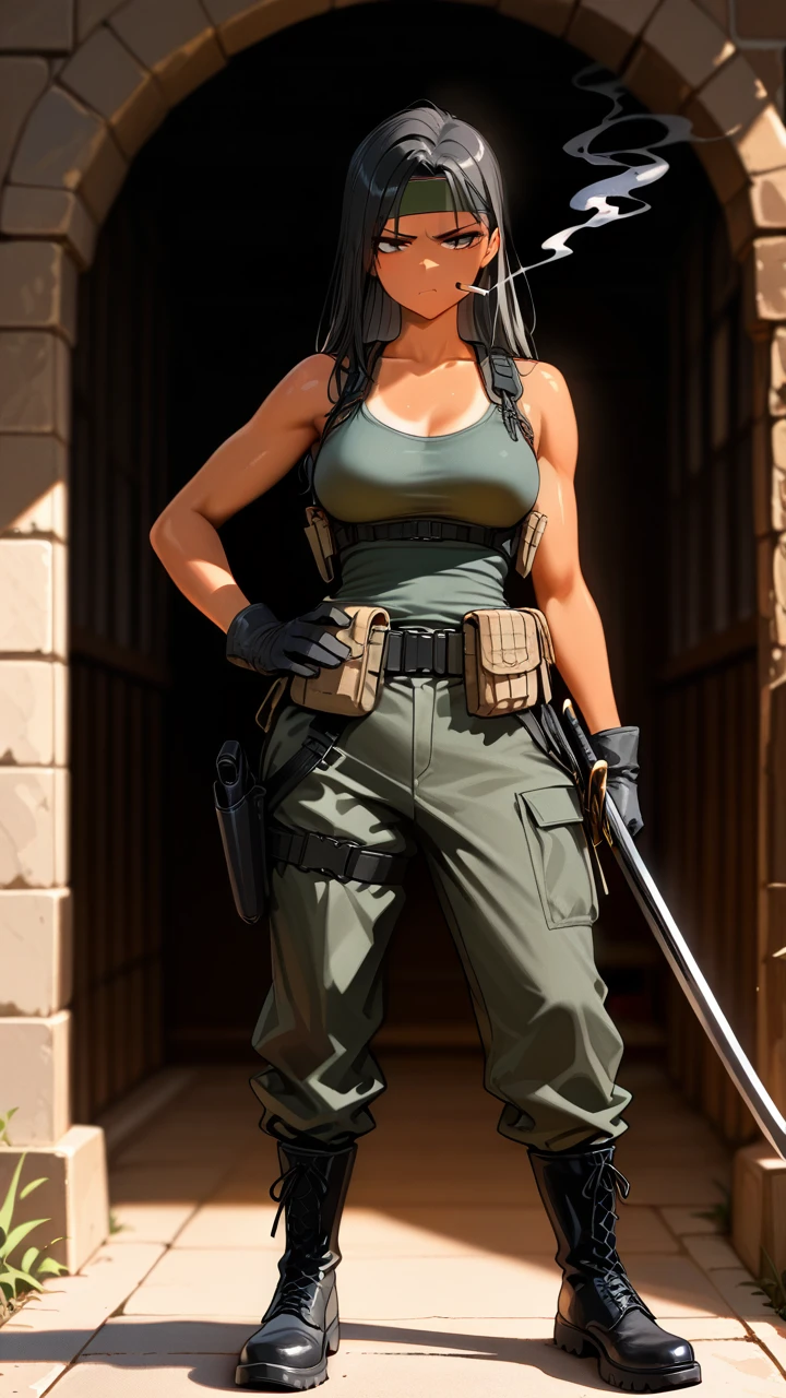 Well trained, tan skin, medium breasts, straight black hair, smoking cigarette, olivegreen tank top, armored vest, military gloves, holstered sword on hip, sweater around hip, military pants and boots, headband, (annoyed)