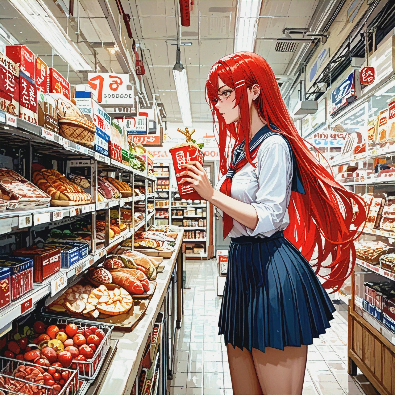 1girl, futa, huge dick, shop, choosing food, school uniform, red hair, very long hair, (futanari), half naked