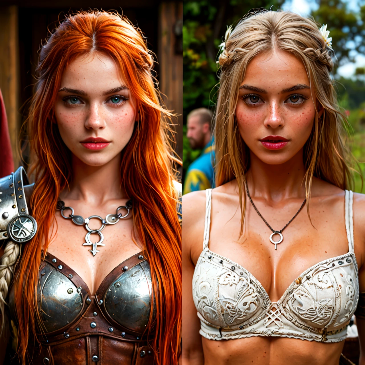 DETAILED EYES, HIGHLY DETAILED FACE, CINEMATIC, DANKY APPEARANCE. WELL-DESIGNED BODIES, DETAILED FACES. DETAILED BACKGROUND, VIKING HAIRSTYLES, VIKING TATTOOS, detailed, perfect, freckles, skin, texture, photorealistic, FULL-LENGTH, DULL COLORS., <lora:Super_Eye_Detailer_By_Stable_Yogi_SDPD0: 1.1>, (multiple views), CLEAR EYES BATTLE OF TWO VIKING GIRLS WITH MEN IN ARMOR, CAPTURE OF VIKING GIRLS,  SWORD FIGHTING,