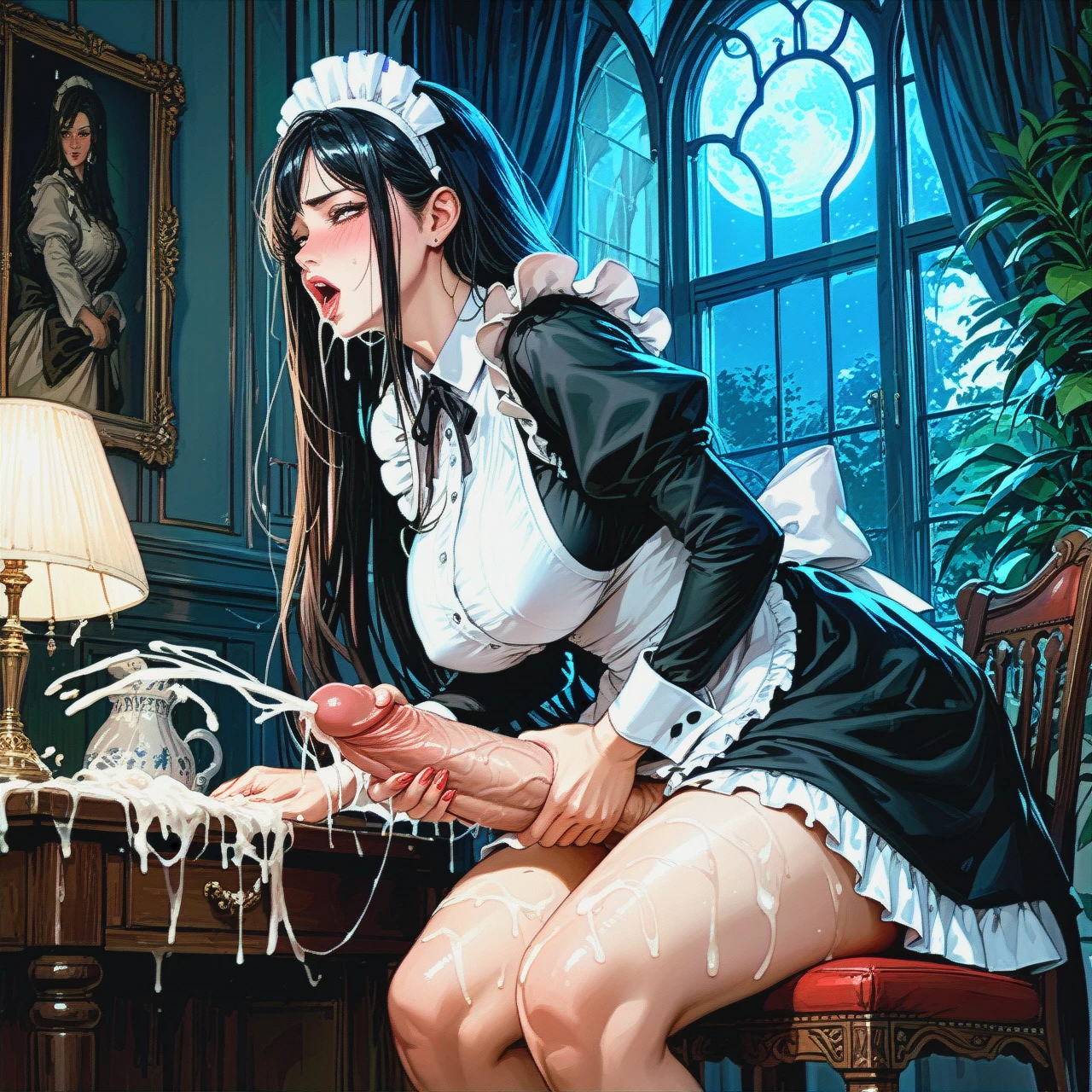 1girl, (futanari), (futanari_masturbation), maid, home,  hall, huge dick, cum, cumming, night, thick legs, big breasts , look from behind , black hair, long hair