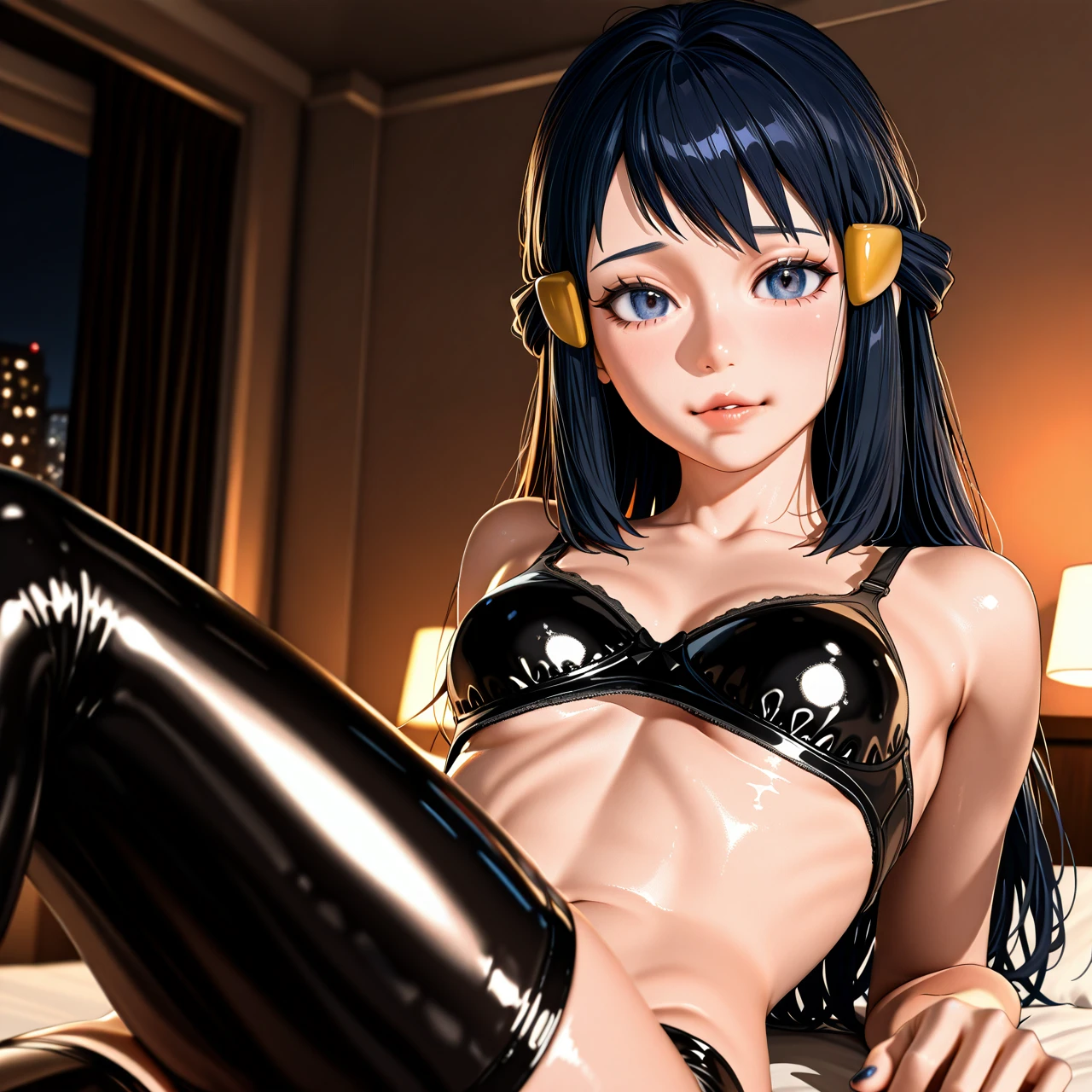 @akari, photorealistic (3D_AAA) (3D_anime) (realistic_skin) (thick_mouth-lips) (lips) (skinny) ((full_face)) (petite_body) (shy) (facing_viewer) (futuristic apartment, at night, warm and romantic lights, in the bedroom) (perfect fingers, nail polish) (latex stockings) (reclining)  (bra_lift)