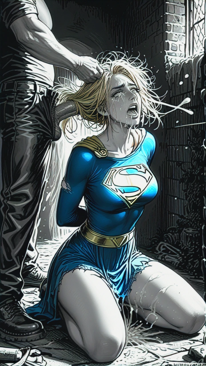 Kara Zor-El, (supergirl), (clothes ripped), kneeling, arms behind back, open mouth, cumshot, messy hair, blonde hair, crying hysterically, hair pulling, large cock ejaculating extremely massive facial cumshot, black and white, dungeon, The whole body is visible, in full height