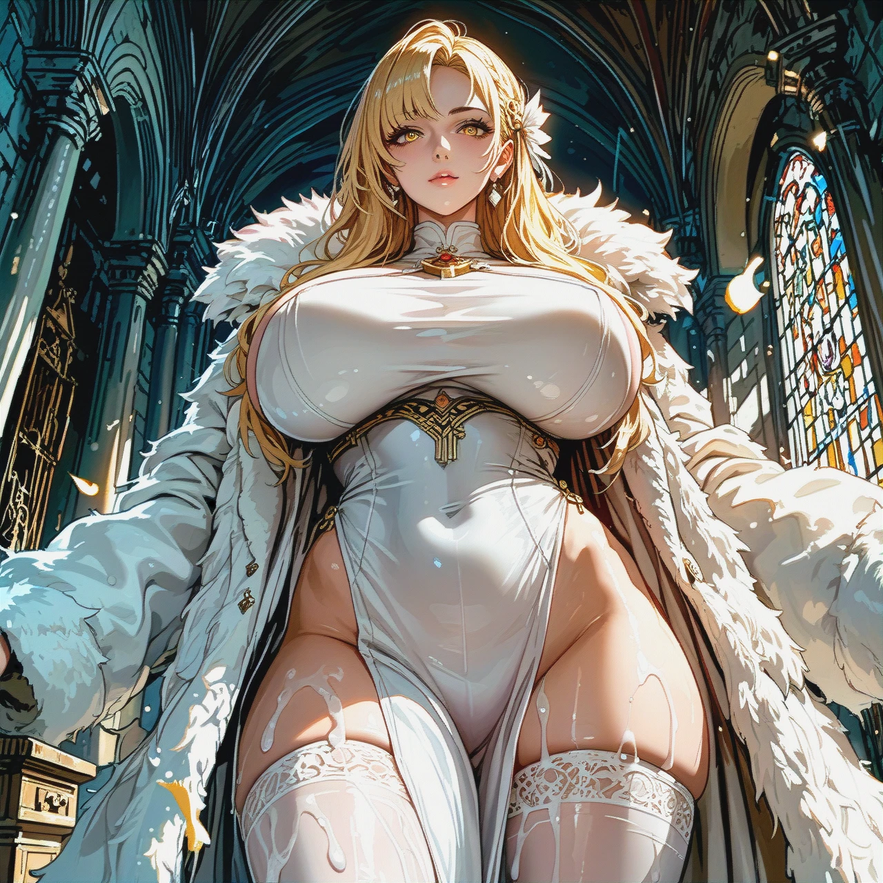 Young woman, blonde, yellow eyes, huge breasts, cute face, white fur coat, in dungeon, standing, legs apart, white slime on legs, surprised