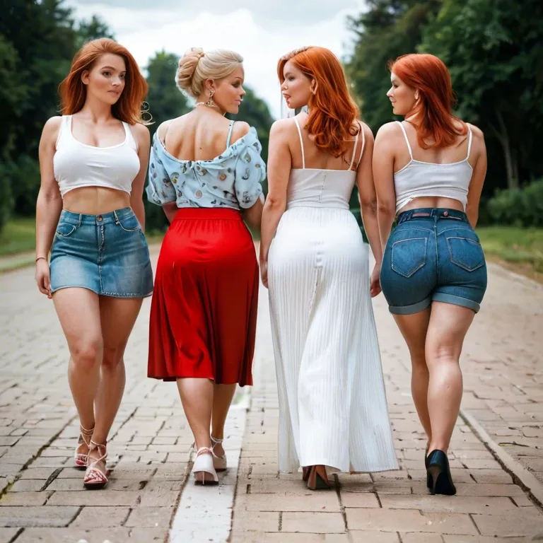 woman, a photo of three pale white fat women walking next to each other, 3women, redhead, ginger, blonde, multiple women, windy up skirt, windy, 3/4 view, multiple asses, bare butts, on a busy city sidewalk, wearing multicolored dresses, best quality, fine details, tanlines, wide hips, wide, plump, belly, huge ass, huge breast, whore, abs, phat ass, bbw, showing his ass