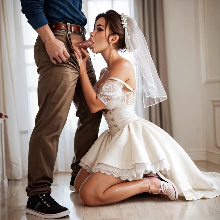 1girl,1boy, , kissing, cum on mouth, stretched pussy,perfect feet,medium boobs,thin waist,off shoulder, brown skirt,laced bodysuit,suspenders,bodysuit,running shoes, wedding dress,black stockings,tiara,wet panties,white boots