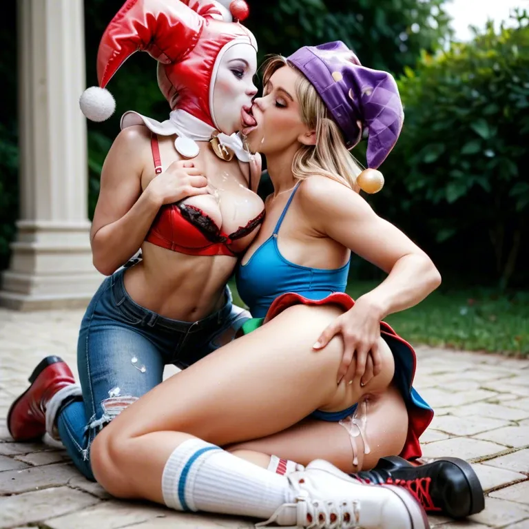 2girl,  face fuck, breast sucking, cum on body, finger in anus,mouth pull,hip thrusts, pants down,white socks,jester cap,leotard,boots, jean hotpants,mini skirt bra,white boots, lace thong,laurel crown,black thong, headphones, photorealistic, well-lit, ariel waifu