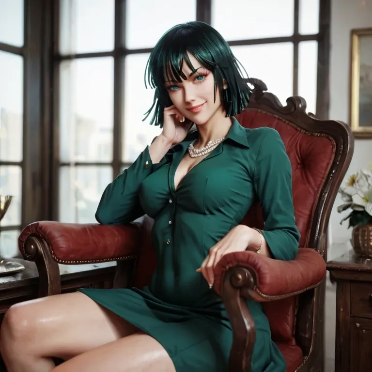 Fubuki from one punch man, smile, sitting on chair