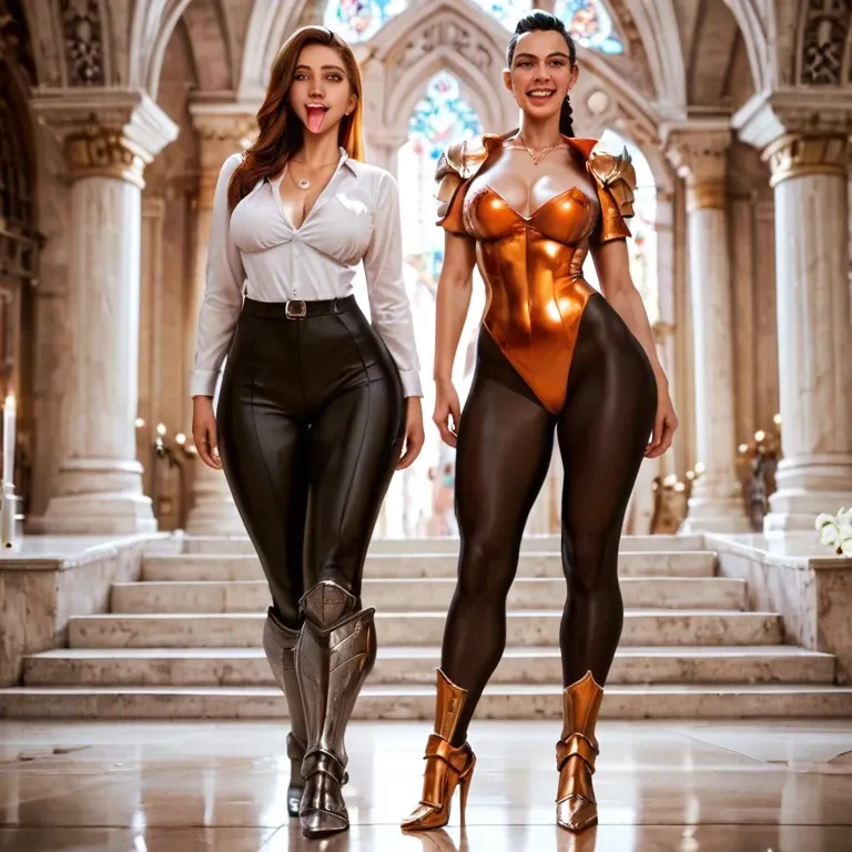 2girl, , , , long tongue,long toes,perky breast,very wide hips,golden necklace, formal shirt,palace,white panties,orange leotard,armored boots, black leggings,heart necklace,collarbone,one-piece,sandals, undress,tights,arms tied,bodysuit,stiletto heels, restaurant, waterfall, spaceship, cyborg, link, spider-gwen, ariel waifu