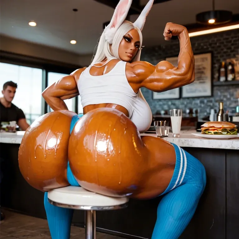 Miruko, flexing, massive ass, twerking, wearing only a thing, oiled ass, in a restaurant,