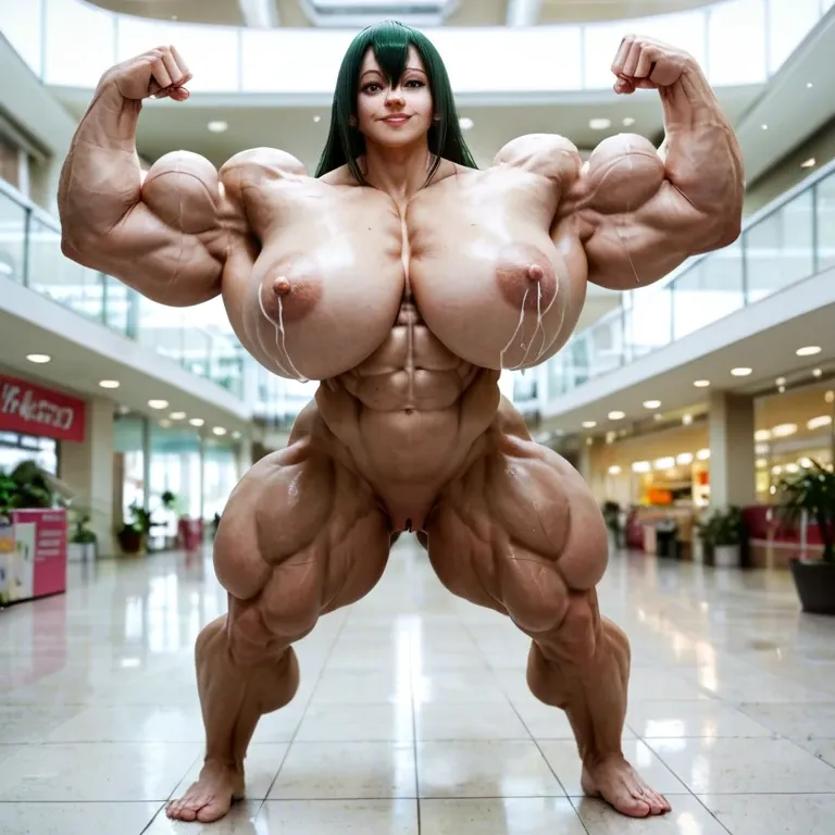 Tsuyu asui, flexing, massive muscles, nude, massive tits, lactating nipples, in a mall, full body view