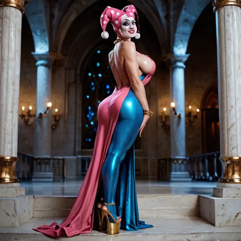 1girl,solo, , , , thick eyebrows,hairy arms,big tits,sideboob,deep skin, pink dress,ice palace,jester cap,blue bodysuit,platform heels, cocktail dress,gold anklets,gold jewelry,white panties,knee boots, yellow dress,white socks,spiked collar,bra lift,high heels, bare, bathing in lake, medieval dress, dildo in pussy, cyborg girl, cartoon, brightly, spider-gwen, waifu