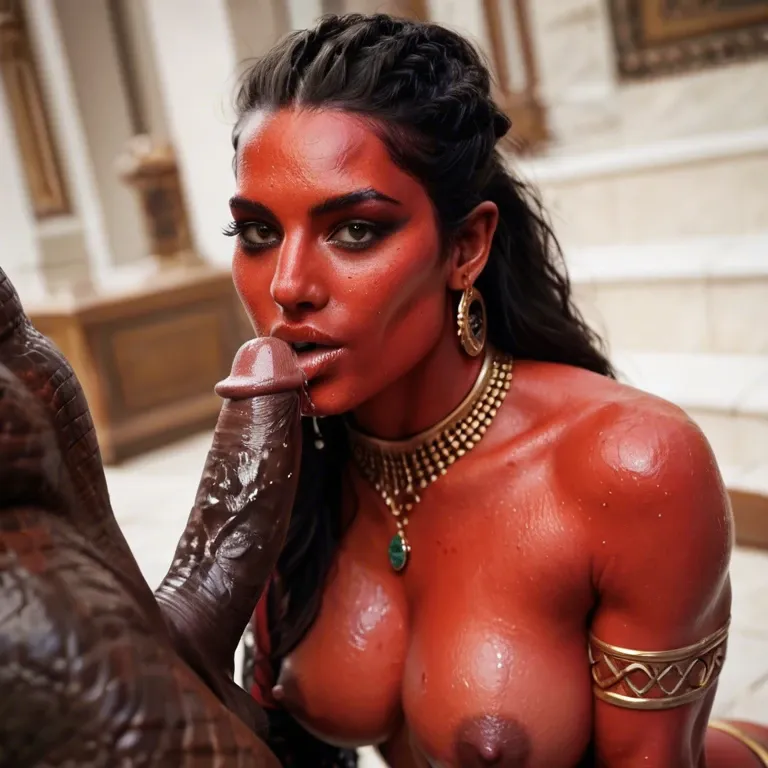 red skin lizardman female byzantine clothes topless having sex with a penis point of view