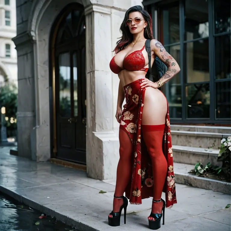 1girl,solo, , , , thick full lips,arms tattooed,round breasts,backpack,bare shoulders, red dress,red thighhighs,opaque glasses,black bikini,platform heels, floral dress,lace bra,gold jewelry,blue bodysuit,strappy sandals, barbie, on the street, cyberpunk, leash pull, anime artwork, dark hair, disney princess