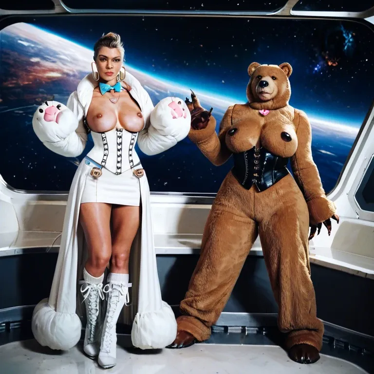 2girl, , , , nostrils,big hands,nipples showing,space ship,heart necklace, bear costume,knee socks,hoop earrings,teddy,white boots, long dress,laced bodysuit,bowtie,corset piercing,no shoes, tank top,lace choker,red sunglasses,highleg panties,sandals, max caulfield, cyberpunk, collarbone, detailed irises, bright sunlight, super mario, anna, rapunzel waifu