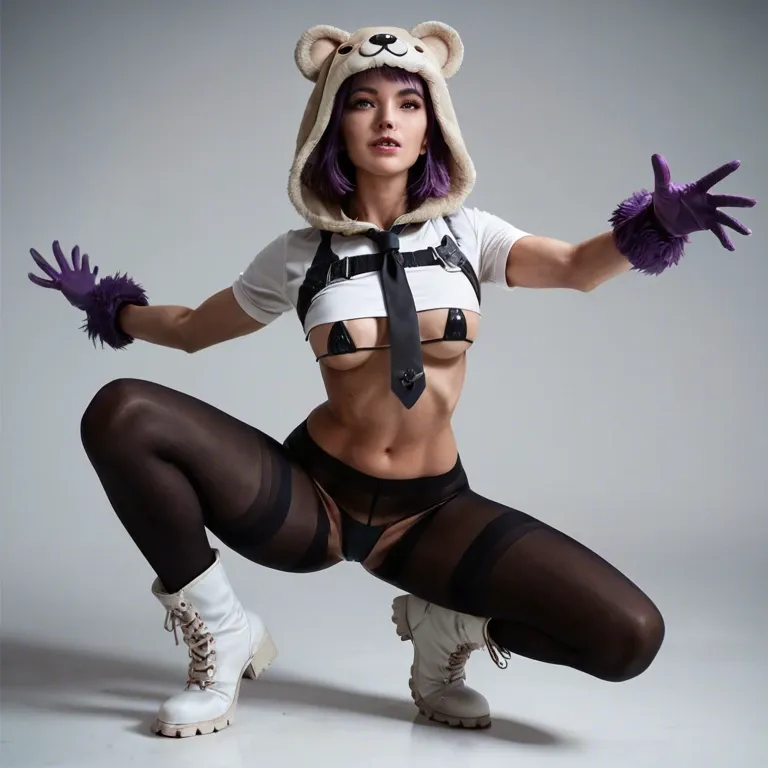 1girl,solo, , , , cute nose,legs raised,medium boobs,reaching back,flesh mutant, bear costume,black leggings,tie,micro bikini,white boots, white t-shirt,anklets,purple gloves,latex corset,no shoes, unzipped pants,striped,wool hat,gray sports bra,white boots, strip club, sunny in forest, tavern setting, anime, bright colors, tifa lockhart, jasmine, rapunzel waifu