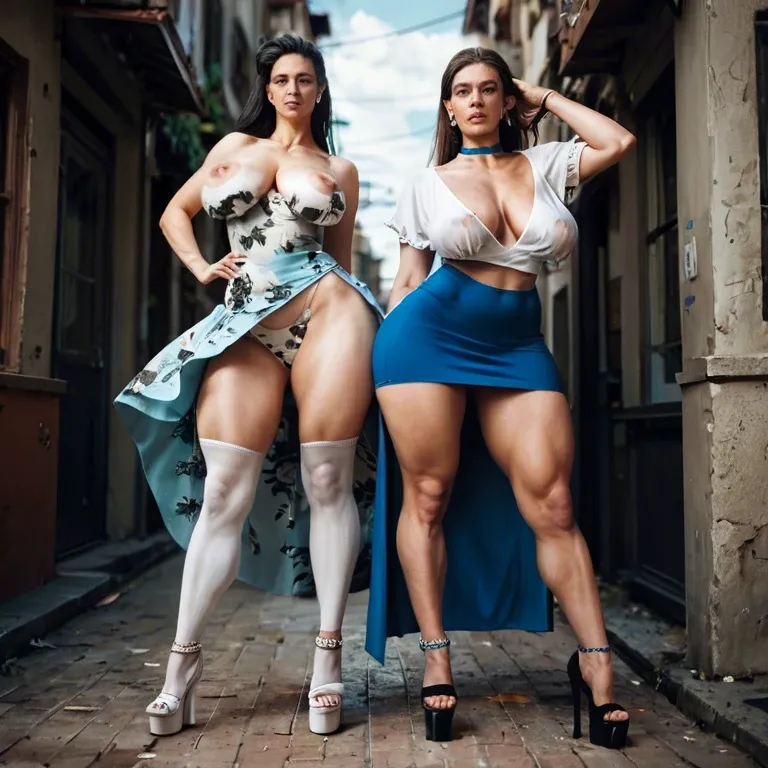 2girl, , , , high nose,hand in hair,saggy breasts,gigantic hips,puffy foreskin, torn dress,anklets,panties on,print panties,platform heels, underskirt,white socks,blue choker,lingerie,white sneakers, showering, cyberpunk, breast bondage, european girl, 2 boys, ariel waifu