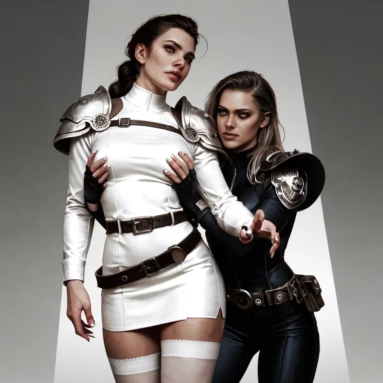 2girl, , , , sharp jawline,fingerless,perky boobs,low waisted,shoulder pads, perfect nose,warm,big tits,pec grabbing,limited palette, uniform,white stockings,belt,tight swimsuit,black sneakers, costume,knee-high socks,silver tiara,pulled bra,platform heels, airfield, cyberpunk, anime coloring, bright lighting, linked, belle, ariel waifu