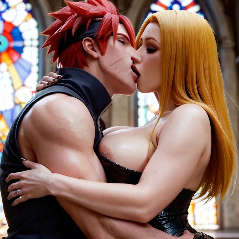 BIG AND HUGE ASS. BIG AND HUGE BREAST. Mature woman. 1 boy. 1 girl. Kushina is at the church marrying Naruto Uzumaki and kissing her. Naruto have a Yellow hair and Kushina have a red hair.