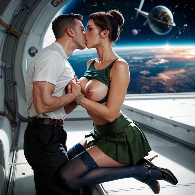 1girl,1boy, , , , beautiful lips,arms on breasts,nipple sucking,space ship,kissing neck, lifting shirt,blue stockings,tied hands,mini skirt bra,ballet shoes, dark green gown,stockings,dangly earrings,lace thong,armored boots, in classroom, public park, spaceship, wonder woman, hinata