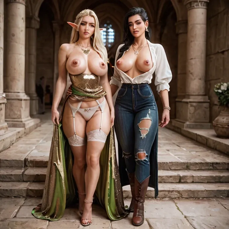 2girl, , , , nostrils,blushing,swollen nipples,clenched waist,anklets, glittery dress,heart necklace,collarbone,bikini top lift,brown boots, ripped pants,elf palace,garter belt,lace bra,shoes, school uniform, parking, spaceship, magic dildo, princess zelda, wonder woman, rapunzel waifu