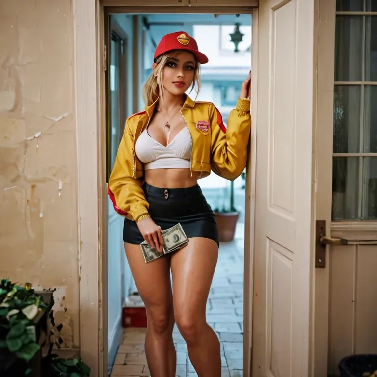 NSFW(masterpiece)(best quality) (illustration)The pizza delivery girl is standing in the doorway in a shy pose, mini skirt, wide hips, very lewd, try to sell herself for money, open her yellow jacket, shows her body (detailed) (intricate)(HDR) (cinematic lighting) (sharp focus)