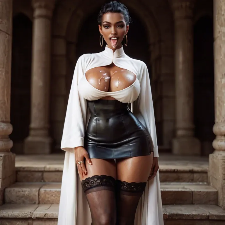 1girl,solo, , , , focus on tongue,establishing,big round breasts,thin waist,shoulder, covered mouth with cum,feet apart,cleavage cutout,backwards,tan skin, robe,black stockings,rings,mini skirt bra,armored boots, school uniform,heart necklace,metal rings,black leotard,sandals, hospital room, on the street, spaceship, uncomfortable, anime artwork, very dark skin, princess peach, ariel waifu