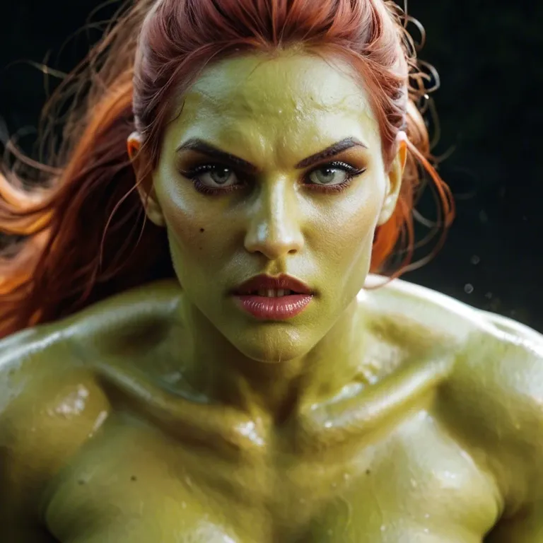 Marvel heroin Gamora with her green skin totally nude posing in fight stance