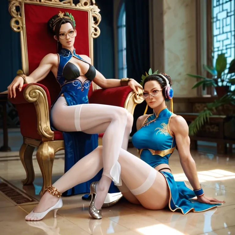 g back,pale skin, blue skirt,anklets,laurel crown,black bikini,armored boots, china dress,white pantyhose,circle glasses,thong,ballet shoes, women bare feet, street fighter, throne room, headphones, realistic girl, dim light, princess peach, belle