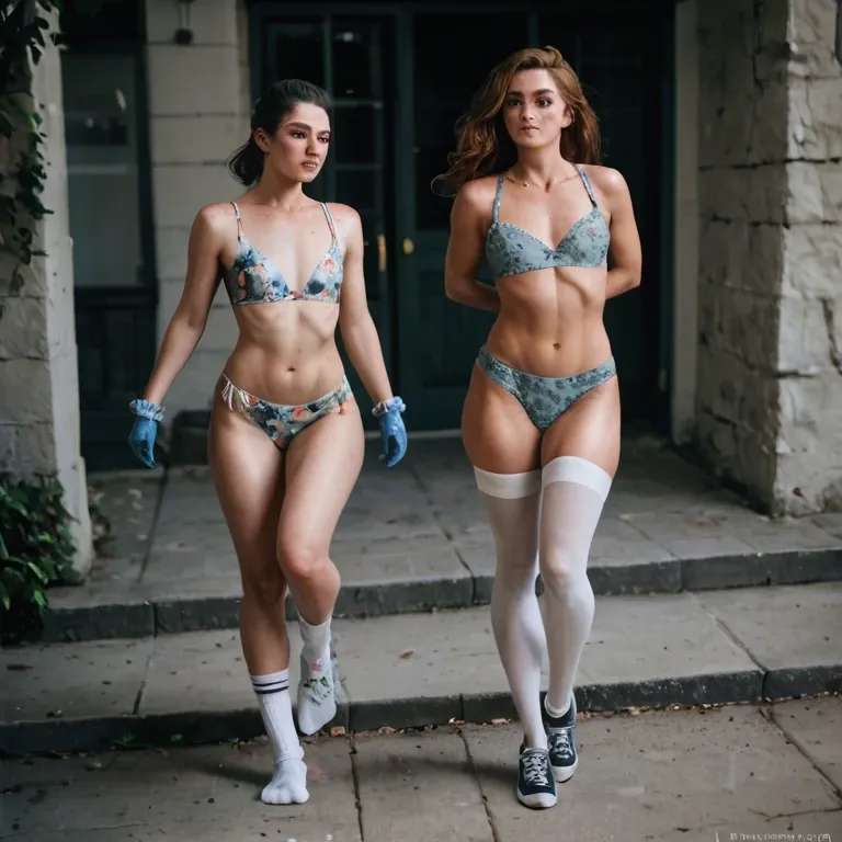 2girl, , , , freckle,perfect feet,flat chest,breast bondage,ankle, grey shirt,baggy socks,blue gloves,floral bikini,running shoes, crossdressing,stockings,gold jewelry,lace bra,heels, crop top,pearl necklace,tied,bra lift,armored boots, oozora subaru, sparkling, castle, on a fur bed, zelda sd, ariel, dynamic pose