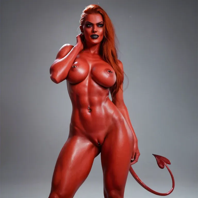 Satan's redhead daughter. She has pierced nipples, pierced pussy and a devil tail buttplug. She has red skin