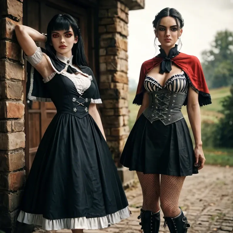 2girl, , , , red eyes,clean armpit,big perky boobs,slim waist,thin ankles, medieval dress,striped clothes,capelet,frilled bra,gothic boots, school uniform,fishnet,gold jewelry,black corset,white boots, sweater,leg warmers,choker,orange leotard,heels, bathroom, forest, robot, uncomfortable, detailed art, bright lighting, rapunzel waifu, ayanami rei