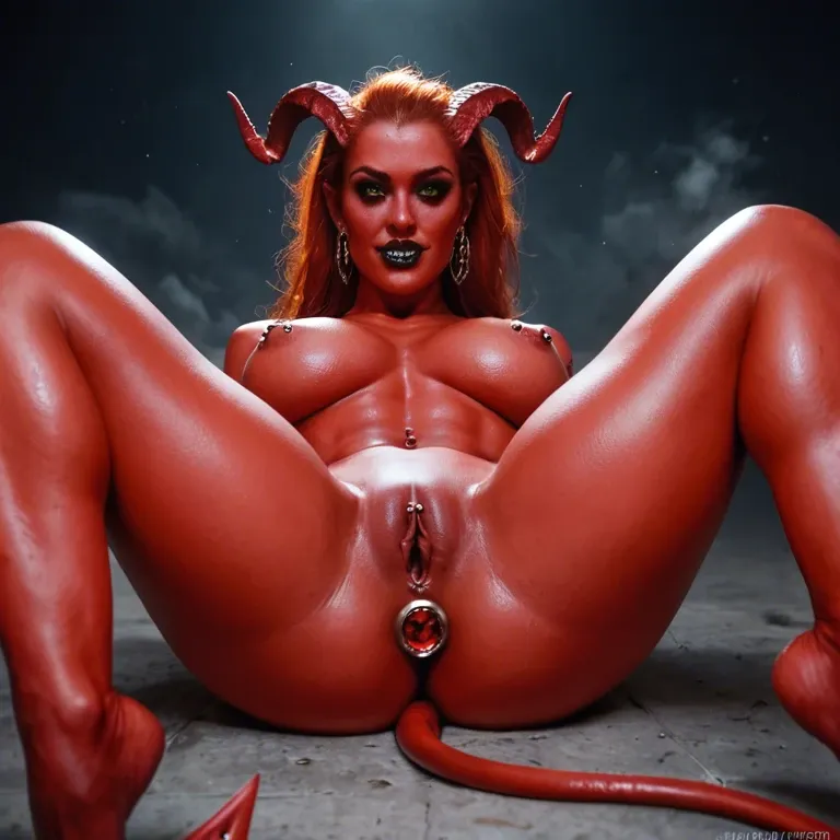 Satan's redhead daughter. She has pierced nipples, pierced pussy and a devil tail buttplug. She has red skin