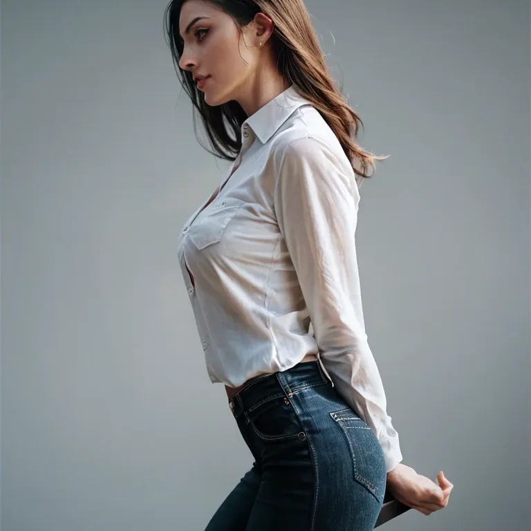 A girl with big boobs wearing white shirt 2button open of shirt from up down side black jeans   tight from front