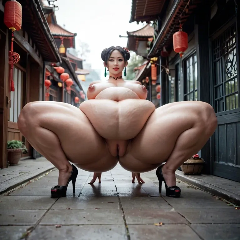 chinese girl, full nude, full body, flat beast, flat tits, slim belly, hyper fat pussy, hyper wide hips, hyper huge butt, hyper huge big ass, hyper massive big belly, squat