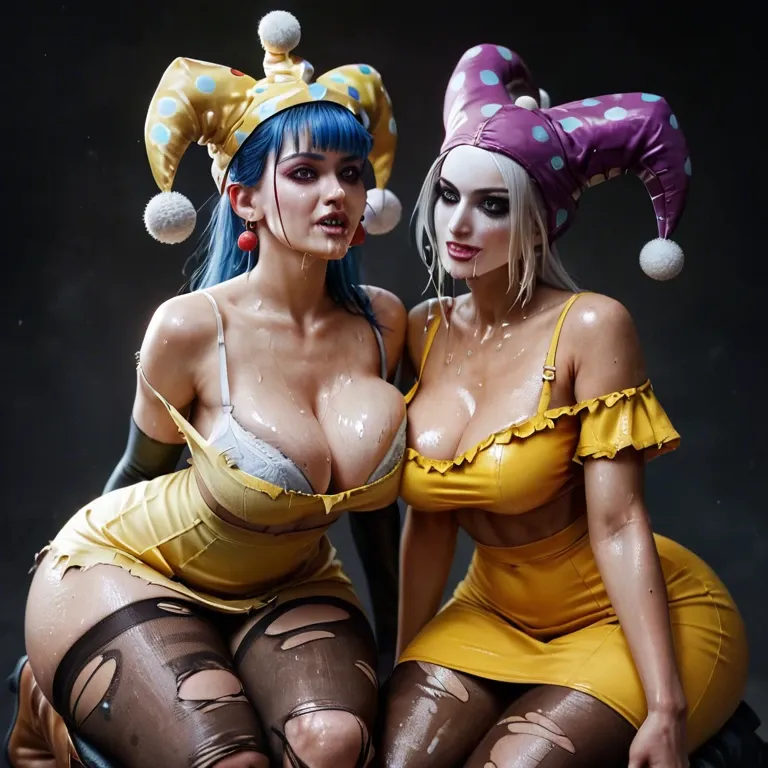 2girl, , , , closed mouth,shiny skin,large breast,huge hips,off shoulders, saliva on shirt,torn thighhighs,rings,wet bra,knee boots, yellow dress,torn pantyhose,jester cap,bra lift,stiletto heels, wet shirt,thighhighs,white veil,lace bra,brown boots, kitchen, sparkles, medieval tavern, anna frozen