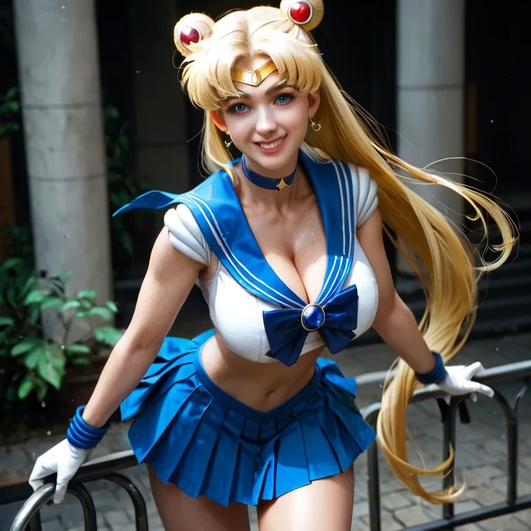 tsukino usagi, sailor moon, 1girl, solo, long hair, breasts, looking at viewer, smile, bangs, blue eyes, skirt, blonde hair, large breasts, hair ornament, gloves, navel, holding, cleavage, twintails, jewelry, very long hair, closed mouth, underwear, standing, panties, heart, thighs, cowboy shot, pleated skirt, earrings, sky, choker, elbow gloves, midriff, white gloves, miniskirt, sailor collar, stomach, hair bun, white panties, red bow, lips, mini blue skirt, crop top, double bun, cameltoe, garter straps, pantyshot, magical girl, blue sailor collar, crescent, breast hold, circlet, wand, red choker, arm under breasts, crescent moon, sailor senshi uniform, holding wand, heart choker, crescent earrings