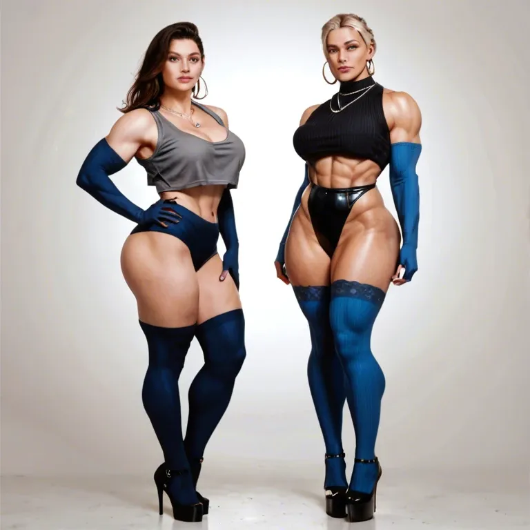 2girl, , , , cheeks,large biceps,medium boobs,wide plump hips,knee-highs, grey shirt,blue stockings,metal rings,thongs,heels, black crop top,necklace,elbow gloves,microbikini,high heels, city background, throne room, lying in bed, grabbing dildo, realistic girl, dark blue hair, spider-gwen, reinhardt