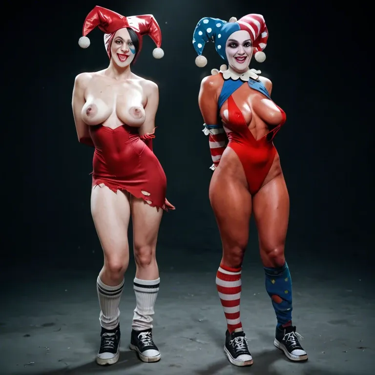 2girl, , , , rosy cheeks,leg warmers,saggy breasts,breast bondage,red skin, torn dress,knee-high socks,jester cap,leotard,black sneakers, red dress,socks,opaque glasses,pulled bra,no shoes, club setting, dark alleyway, medieval prison, stool, cyborg girl, hyper-detailed, bright eyes, mario and luigi, elsa, ariel waifu