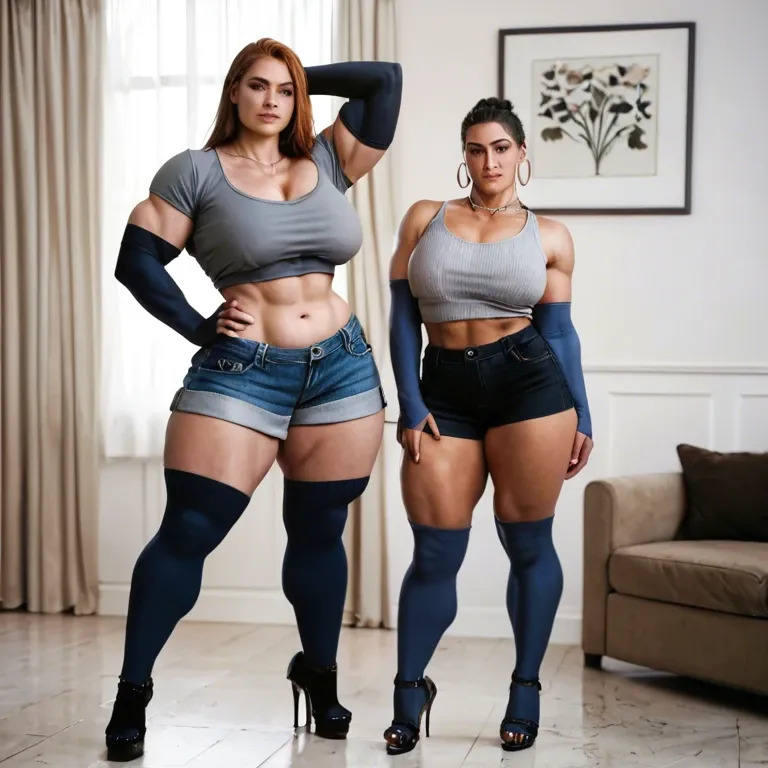 2girl, , , , cheeks,large biceps,medium boobs,wide plump hips,knee-highs, grey shirt,blue stockings,metal rings,thongs,heels, black crop top,necklace,elbow gloves,microbikini,high heels, city background, throne room, lying in bed, grabbing dildo, realistic girl, dark blue hair, spider-gwen, reinhardt