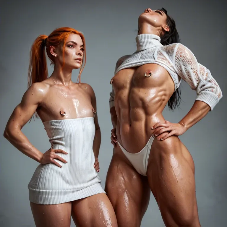 2girl, , , , orange eyes,thick legs,firm breasts,arched back,oily wet skin, cheek press,hands on hips,flat chest,back muscles,throat bulge, white sweater,socks,nipple rings,orange leotard,running shoes, unzipped pants,leg warmers,glasses,sports bra,sandals, bear costume,leg warmers,jester cap,beige bra,high heels, in office, in jungle, medieval theme, android, samus, elsa, rapunzel waifu