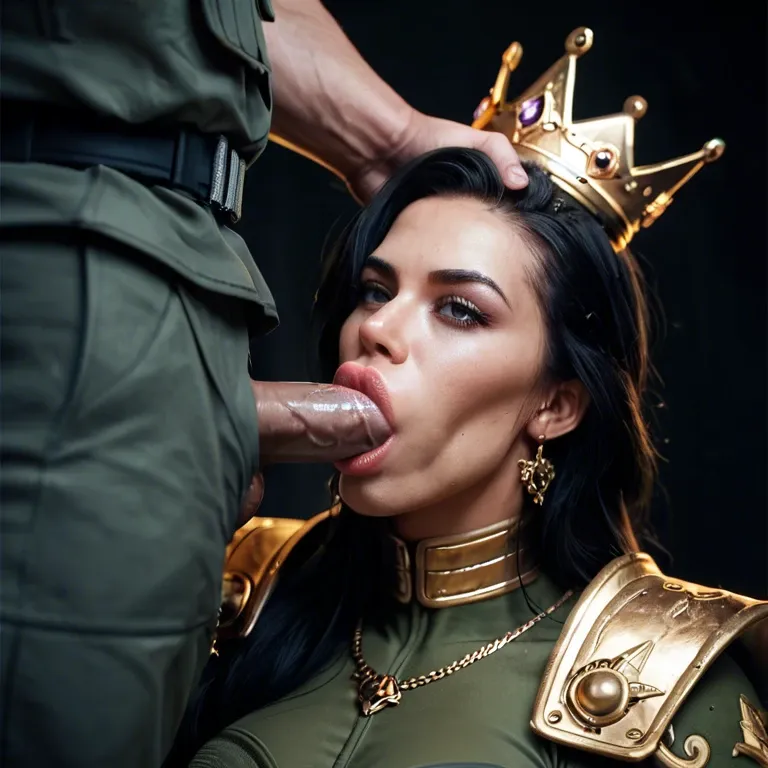 1girl,solo, , , , huge lips,high heel,medium tits,big hips,deepthroat sex, cheeks,army,perky tits,void background,shoulder pads, dress,golden necklace,crown,black panties,heels, lift dress up,white socks,fur hat,panties on,brown boots, bedroom, street, medieval theme, headphones, gold collar, source anime, studio lighting, linked collars, dynamic pov