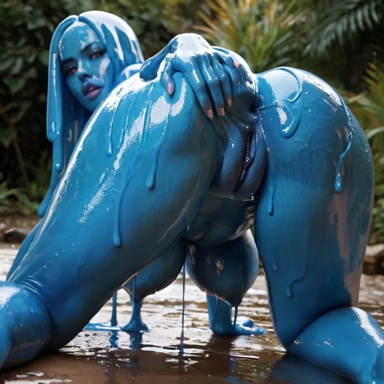 blue slime girl big tits,wet, fat tits, spreading ass with both hands, all fours