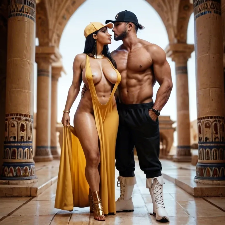 1girl,1boy, , , , large nose,gold anklets,saggy breasts,cozy background,kissing neck, yellow dress,egyptian palace,sports cap,sling bikini,white boots, lifting skirt,baggy socks,garter belt,wet bikini,stiletto heels, in a kitchen, mountains, cyberpunk, linked, spider-gwen