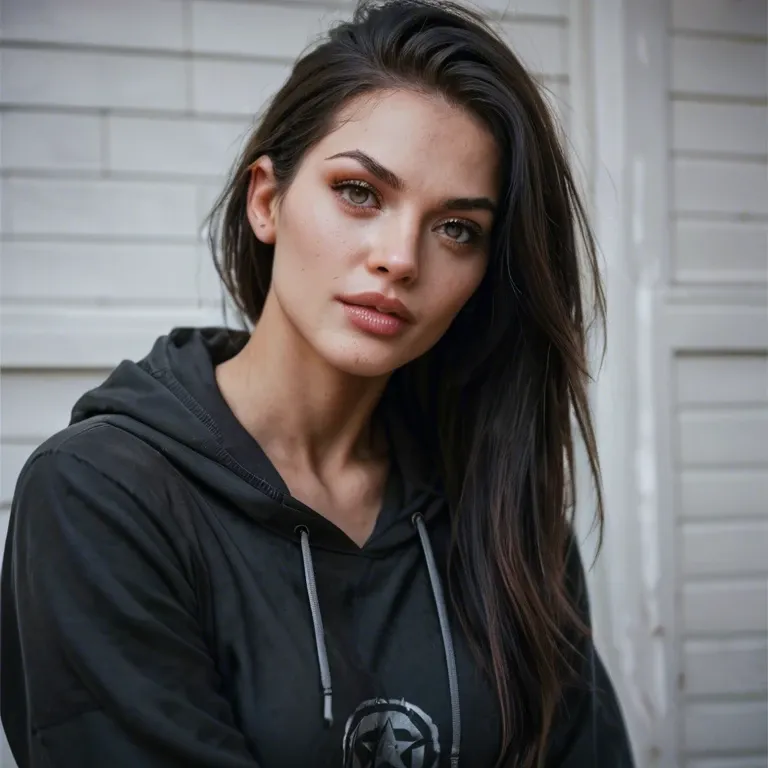 Girl with dark hair and fit body only wearing a hoodie