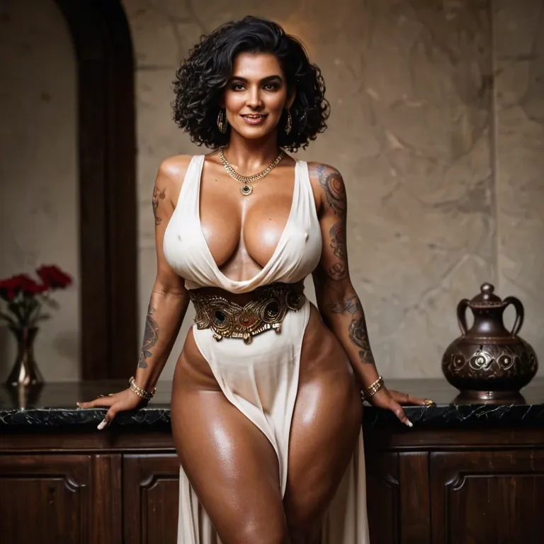 Indian milf, huge boobs, busty, beautiful face, tattoos, big ass, big hips, tall, sexy face, thick thighs, long legs, happy, darkest skin, front view, pixie hair, black hair, 50 year old, wearing red tribal clothes, standing on beach, full body image, front view