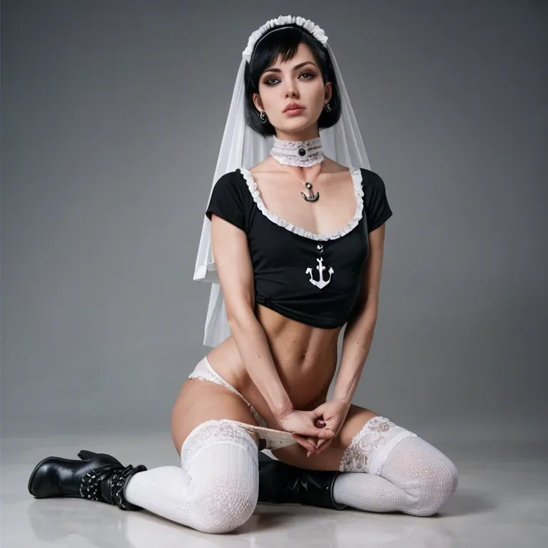 1girl,solo, , , , thin lips,tied hands,flat chest,side breast,hold neck, costume,lace stockings,anchor necklace,lace panties,gothic boots, shirt,baggy socks,white veil,panties down,stiletto heels, medieval dress,laced,frilled gloves,highleg panties,ballet shoes, max caulfield, cyberpunk, linked, spider-gwen, hinata