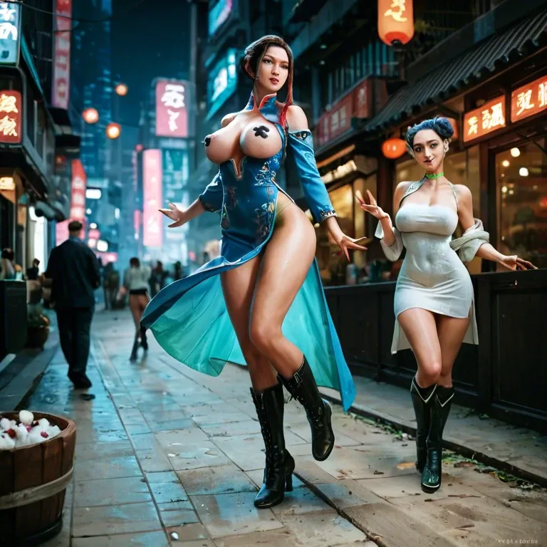 2girl, , , , china dress,slim legs,nipple sticker,oily breasts,off shoulder, reaching back,feet,large breast,city background,knee boots, dress,socks,green collar,cotton panties,boots, cyberpunk, robot eyes, tifa, wonder woman, rapunzel waifu